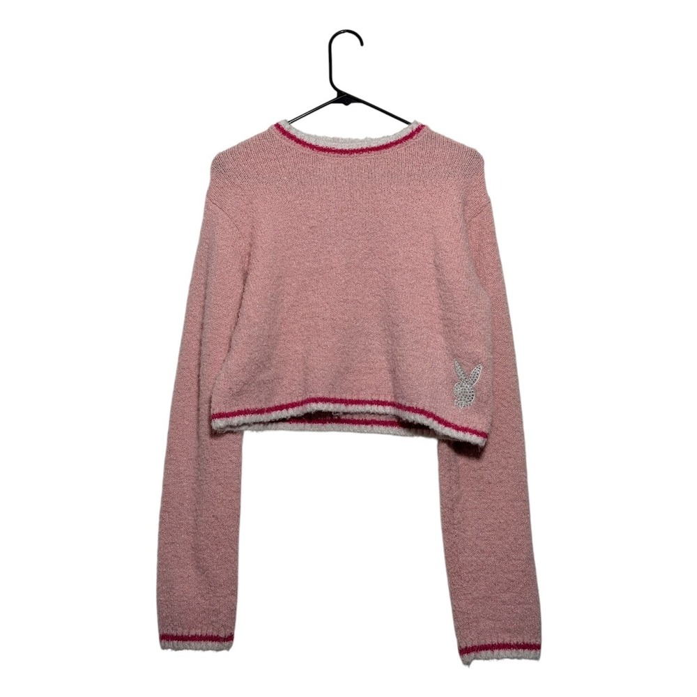Playboy Rhinestone Cozy Top Barbiecore Pink Knit Cropped Sweater Women's Large